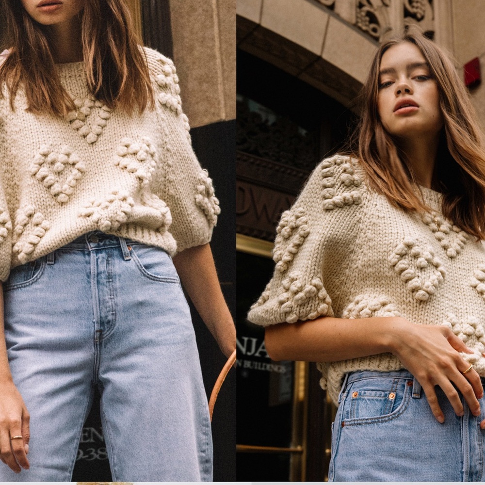 Anthropologie Callahan Pommed Heart Sweater Cream Size XS